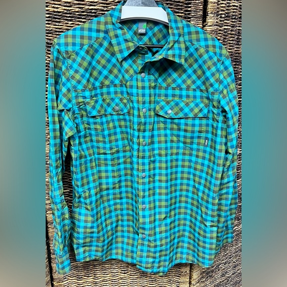 Stio Vibrant Plaid Men's Shirt- Kirby, Large,‎ Green/Blue - Picture 1 of 8